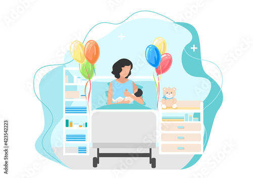 Vector illustration of a happy woman in labor with a newborn baby lies in a hospital room decorated with balloons. Childbirth and the joy of motherhood vector illustration on an abstract modern backgr