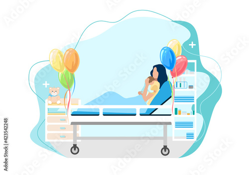 Vector illustration of a happy woman in labor with a newborn baby lies in a hospital room decorated with balloons. Childbirth and the joy of motherhood vector illustration on an abstract modern backgr