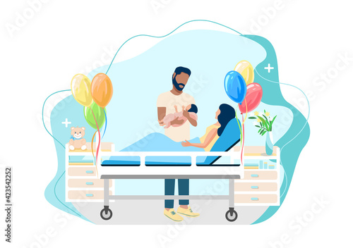 Vector illustration of a family couple gently and caringly hugs their newborn baby. Childbirth, Family day, loving parents, happy childhood.