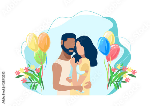 Vector illustration of a family couple gently and caringly hugs their newborn baby. Childbirth, Family day, loving parents, happy childhood.
