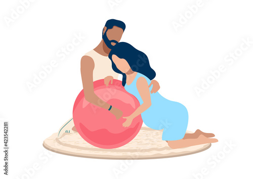 Husband supports and takes care of his wife during childbirth. Partner childbirth vector illustration isolated on white background.