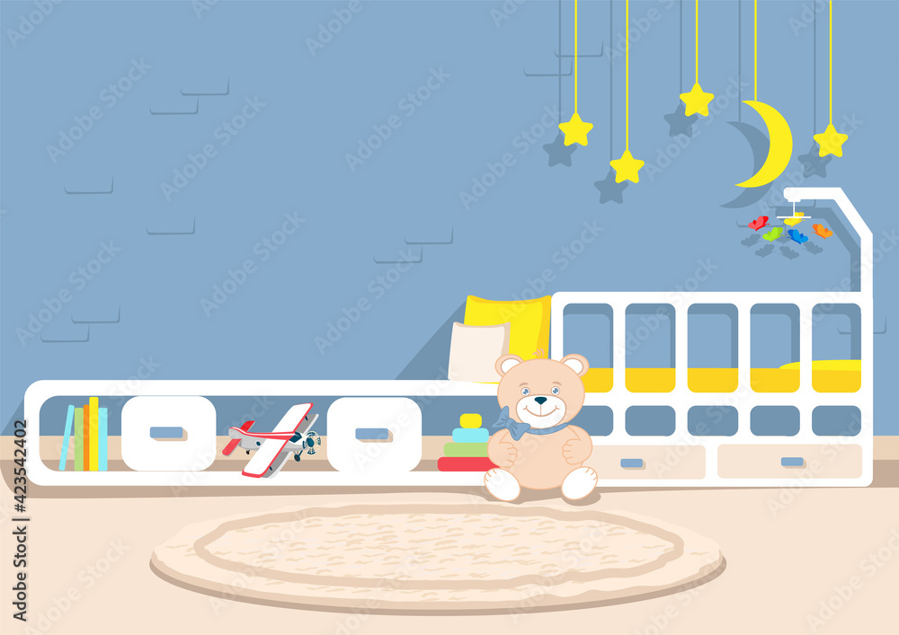 Obraz premium Vector illustration of children's room interior with toys, modern furniture, yellow stars and soft carpet for poster or card background