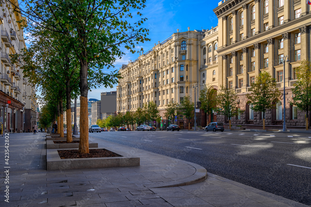 Naklejka premium Tverskaya Street in Moscow, Russia. It is the main radial street of Moscow. Moscow architecture and landmark.