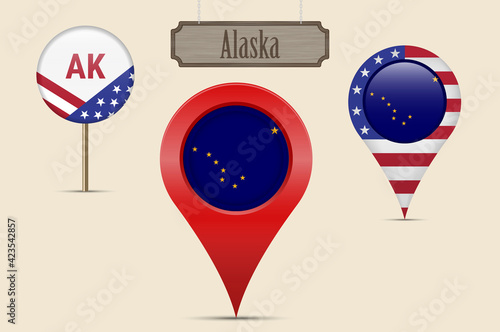 Alaska US state round flag. Map pin, red map marker, location pointer. Hanging wood sign. Vector illustration