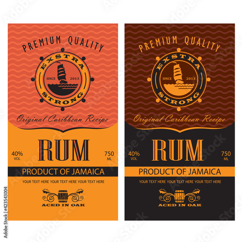 collection of rum labels with yacht and helm in retro style