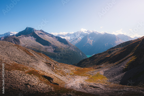 Zillertal, Austrian Alps. Summer mountain scenery, Olpererhütte refugee, Schlegeisspeicher reservoir view.