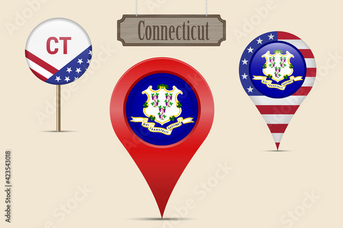 Connecticut US state round flag. Map pin, red map marker, location pointer. Hanging wood sign. Vector illustration
