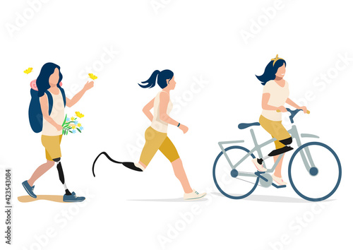 Vector set of a disabled girl with a prosthetic leg leads an active lifestyle walks, rides a bicycle and runs. Rehabilitation and adaptation of people with disabilities.