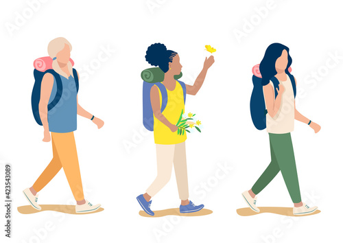 Vector set of beautiful and active girls with backpacks going on a hike. Travel and active people isolated on white background.