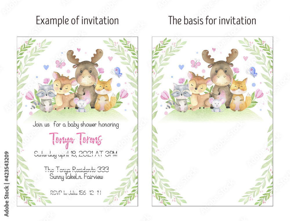 Watercolor forest animal invitation card, layout. Birthday party, baby shower. Woodland baby animals illustrations, cute cartoon. Forest Friends Invitation,  funny  character, wildlife, flower. 