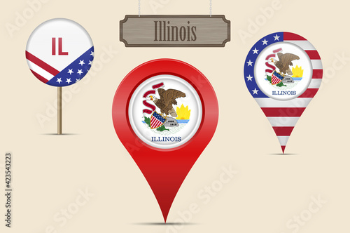 Illinois US state round flag. Map pin, red map marker, location pointer. Hanging wood sign. Vector illustration