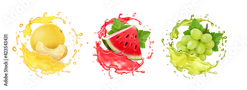 Fresh fruits juice set. Melon, watermelon and white grape realistic vector