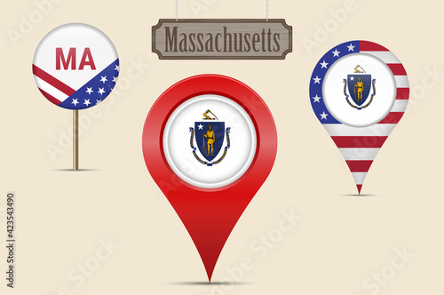 Massachusetts US state round flag. Map pin, red map marker, location pointer. Hanging wood sign. Vector illustration