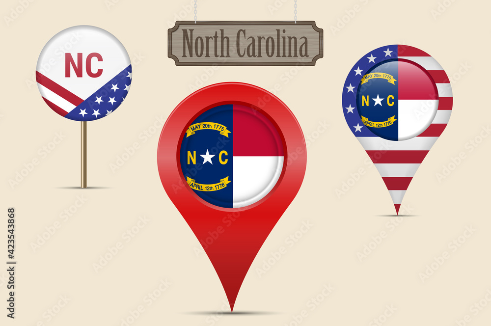 North Carolina US state round flag. Map pin, red map marker, location pointer. Hanging wood sign. Vector illustration North Carolina US state round flag. Map pin, red map marker, location pointer. Hanging wood sign. Vector illustration