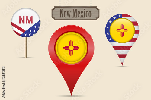 New Mexico US state round flag. Map pin, red map marker, location pointer. Hanging wood sign. Vector illustration