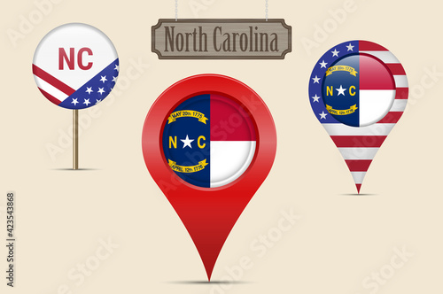 North Carolina US state round flag. Map pin, red map marker, location pointer. Hanging wood sign. Vector illustration
