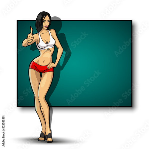 Slim girl on the background of an empty banner. Sexy woman in front of school board. Elegant lady on the background of pure advertising poster