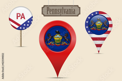 Pennsylvania US state round flag. Map pin, red map marker, location pointer. Hanging wood sign. Vector illustration