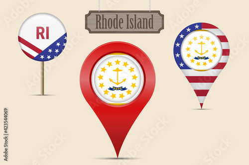 Rhode Island US state round flag. Map pin, red map marker, location pointer. Hanging wood sign. Vector illustration