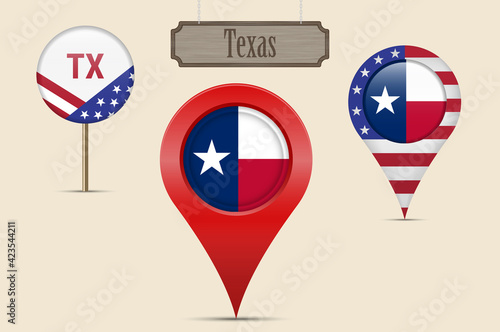 Texas US state round flag. Map pin, red map marker, location pointer. Hanging wood sign. Vector illustration
