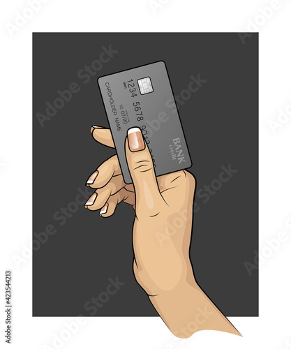 Woman painted Hand & Credit card. Carrying out payment. Hand holding a bank card. Banking icon. Arm & Plastic card. Wrist keeps Debit card chip. Electronic funds transfer. Electronic money investments
