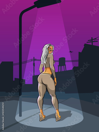 Girl at night in light a street lamp banner. Painted sexy girl brochure. Comic lady poster template, Dancing beautiful Cartoon woman flyer.