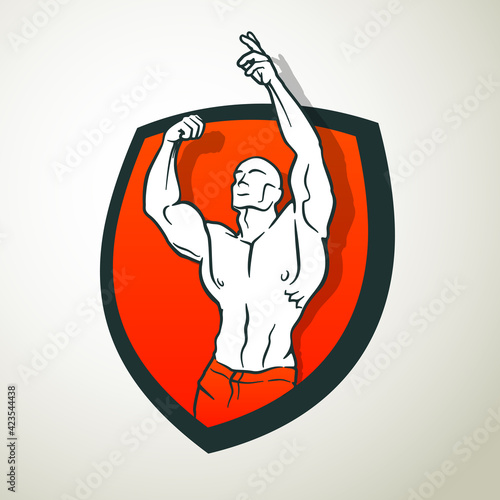 Muscle man silhouette on shield background, lifting weights fitness gym icon bodybuilder logo