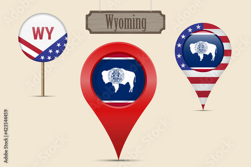 Wyoming US state round flag. Map pin, red map marker, location pointer. Hanging wood sign. Vector illustration