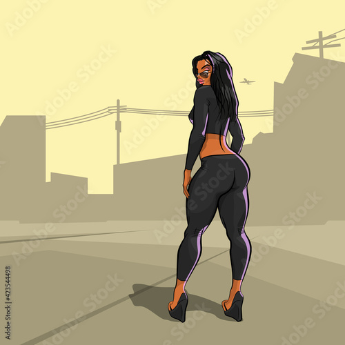 Girl at day in light on street city banner. Drawn nice woman. Painted sexy girl brochure. Comic lady poster template, Dancing beautiful Cartoon woman with a big ass flyer