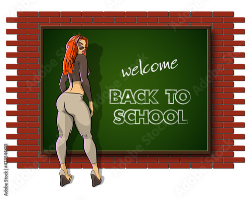 Sexy slim girl near the school board. Welcome back to school on chalkboard Brick wall. Painted Shapely lady at blackboard, gracile woman teacher, beautiful instructor. First day of school