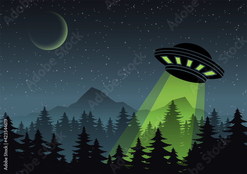 Cartoon version design of UFO fly over the forest