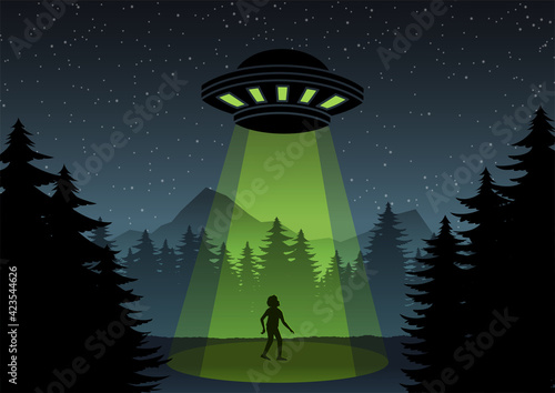Cartoon version design of UFO fly over the forest and a man