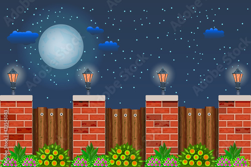 Wooden fence with plant at night time.Night landscape with starry sky, full moon, fence, street lanterns and bushes with green foliage and flowers.Wood fence with pillars of bricks.Vector illustration