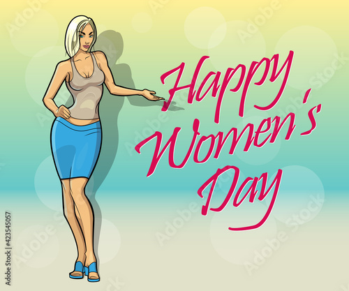 Slim girl on the background "Happy Women's Day" banner. Sexy woman in front of abstract board banner. Elegant lady on the background Happy Women's Day poster. Advertising discount sale poster