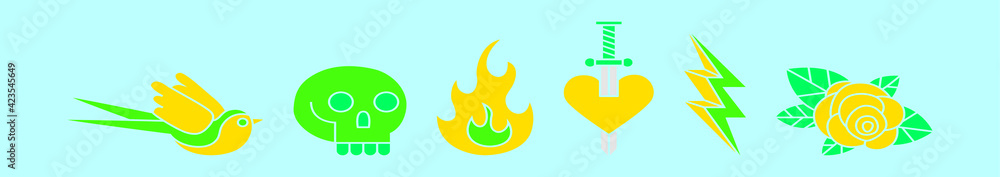 set of old school tattoo cartoon icon design template with various models. vector illustration isolated on blue background set of old school tattoo cartoon icon design template with various models. vector illustration isolated on blue background