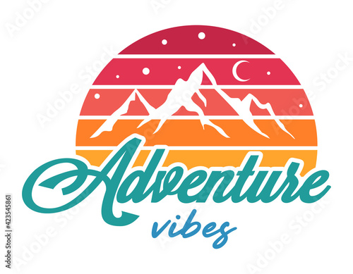 Adventure emblem with quote: adventure vibes. Vintage travel badge or sign with mountain. Retro camping concept. Print for T-shirts, posters and cards. Outdoor vector graphic.