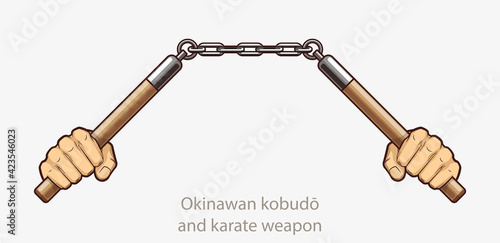 Man's hands holding nunchucks Okinawan kobudo and karate banner. Man fists nunchaku traditional Okinawan martial arts cold weapon