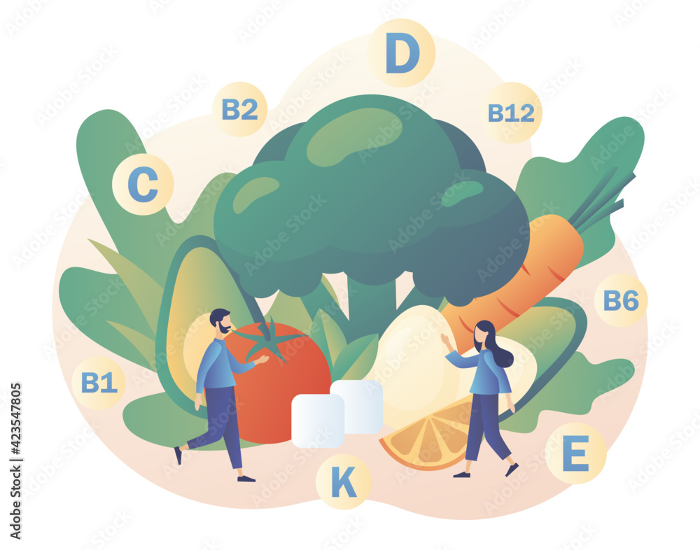 Fototapeta premium Healthy food concept. Vitamins in products, organic greenery and vegetables. Tiny people consume healthy organic nutrition. Nutritionist online. Modern flat cartoon style. Vector illustration 