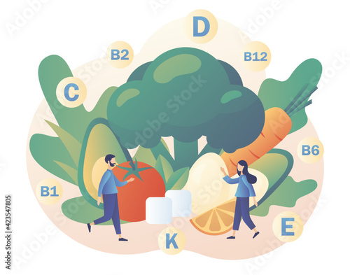 Healthy food concept. Vitamins in products, organic greenery and vegetables. Tiny people consume healthy organic nutrition. Nutritionist online. Modern flat cartoon style. Vector illustration 