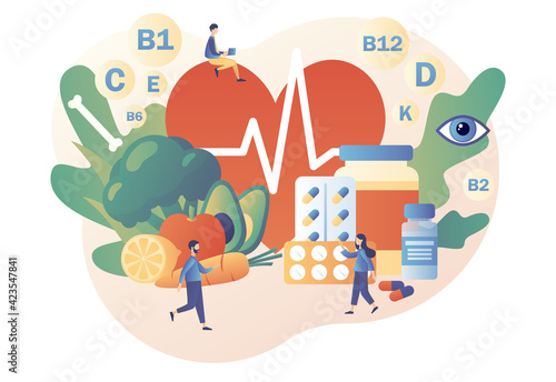 Nutritionist concept. Healthy food. Tiny people consume healthy organic nutrition. Vitamins in products, greenery and vegetables. Modern flat cartoon style. Vector illustration on white background