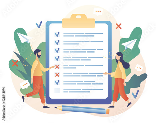 Tiny people filling survey form. Online survey concept. Feedback service. Internet surveying, questionnaire, customers voting. Modern flat cartoon style. Vector illustration on white background