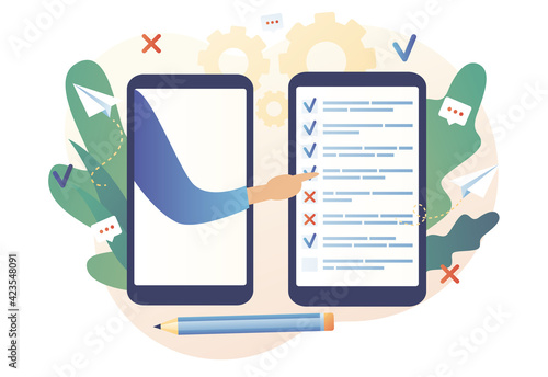 Online survey concept. Feedback service. Internet surveying, questionnaire, customers voting. Tiny people filling online survey form in smartphone app. Modern flat cartoon style. Vector illustration