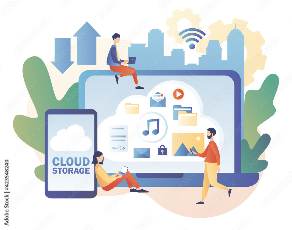 Cloud storage online. Tiny people place data, music, photo, video in big  cloud server. Cloud computing services. Data processing. Modern flat cartoon  style. Vector illustration on white background Stock Vector | Adobe