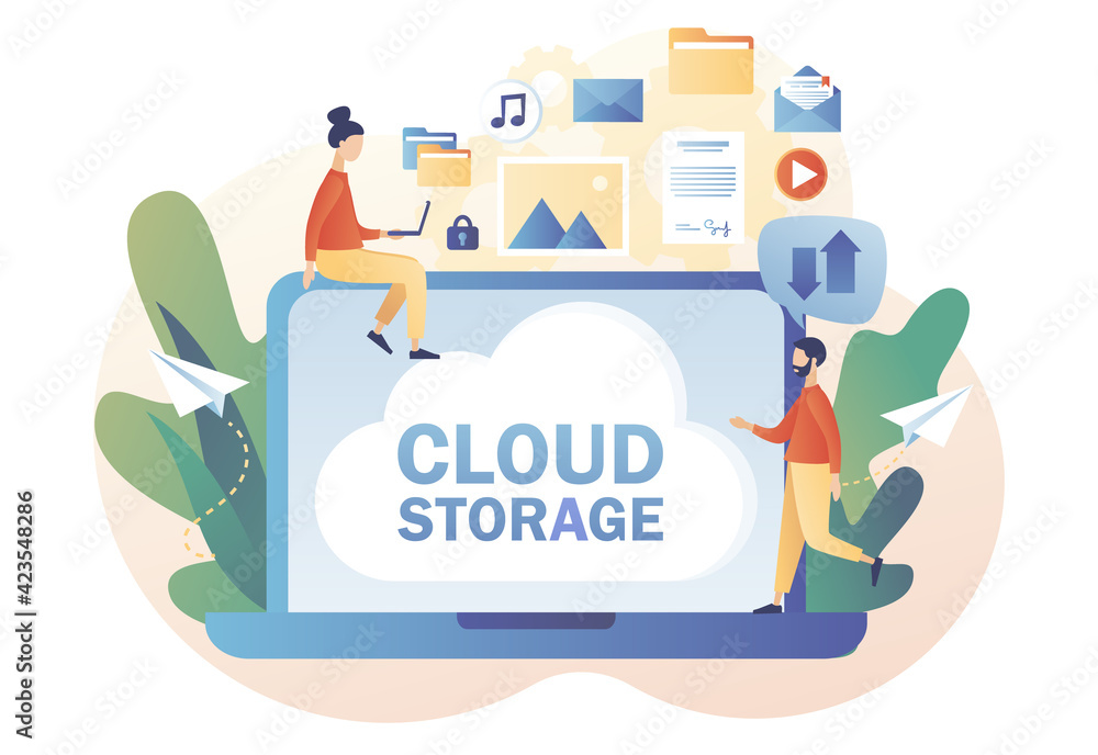 Cloud storage - text on laptop screen. Tiny people place data, music,  photo, video in big cloud server. Cloud computing services. Data  processing. Modern flat cartoon style. Vector illustration Stock Vector |
