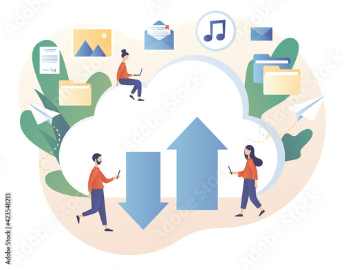 Cloud storage. Tiny people place data, music, photo, video in big cloud server. Cloud computing services. Data processing. Modern flat cartoon style. Vector illustration on white background
