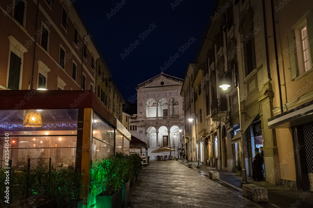 Cityscape. Night street with Saint Peter and Francis cathedral (Duomo) in Massa-Carrara, Tuscany, Italy