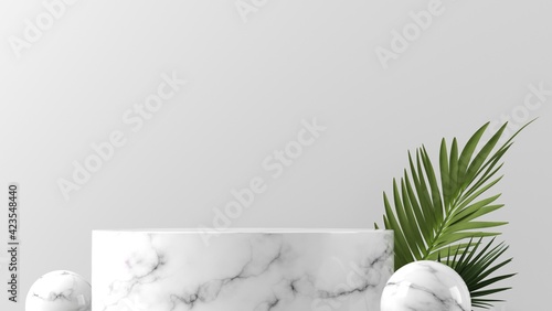 white marble box podium with leaves in white background