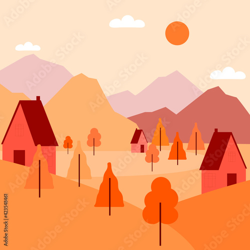 Abstract nature with trees  mountains and a house.