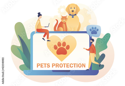 Animal rescue and pet protection. Animal shelter. Heart and paw on laptop screen as symbol support and love pets. Wildlife protection and rescue. Modern flat cartoon style. Vector illustration