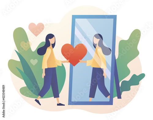 Tiny lady looks at her reflection in mirror, expressing self love and care. Love yourself. Love your body. I love myself. Bodypositive concept. Modern flat cartoon style. Vector illustration